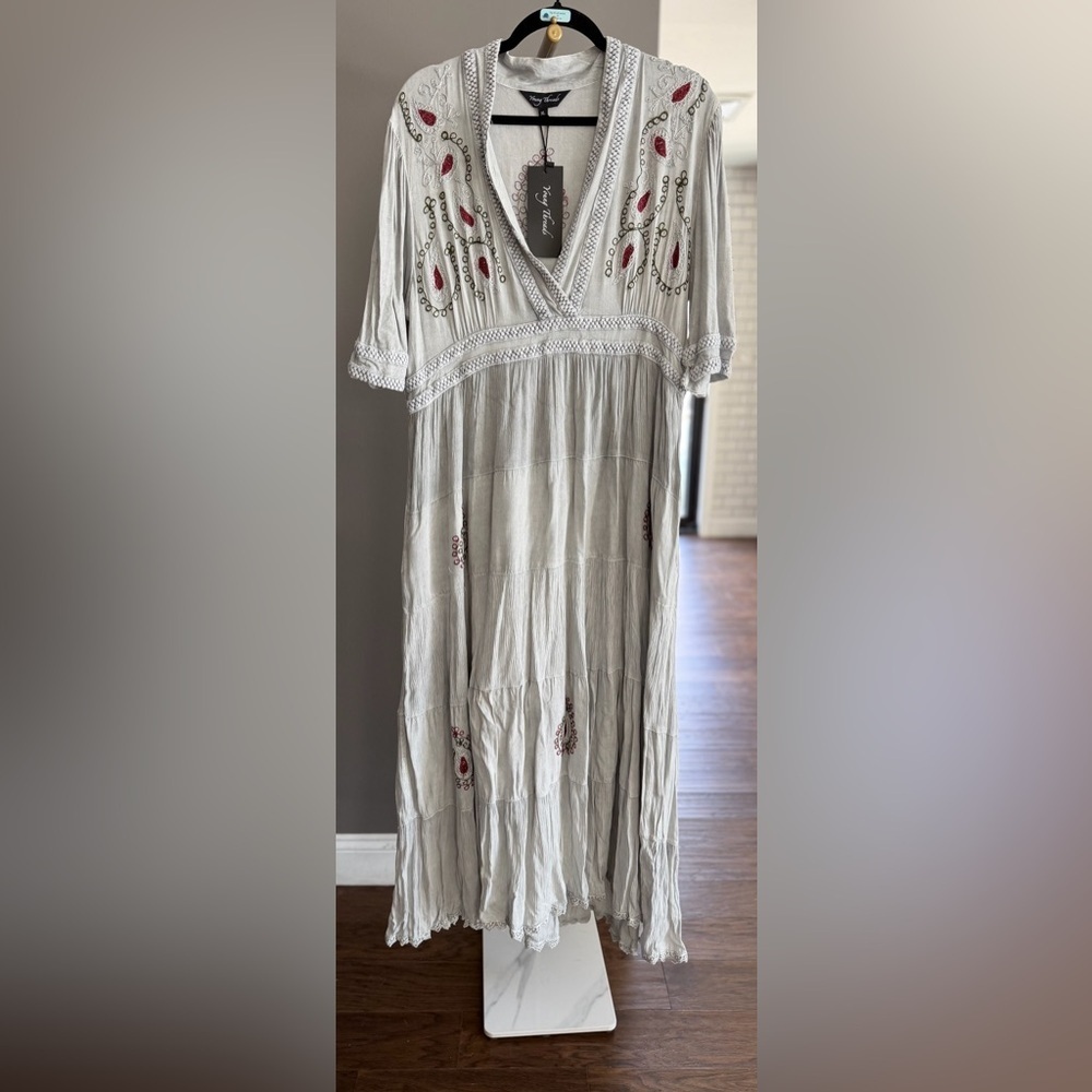 Young Threads Wisteria Embroidered Boho Maxi Dress Grey Paisley Luxe Ethereal